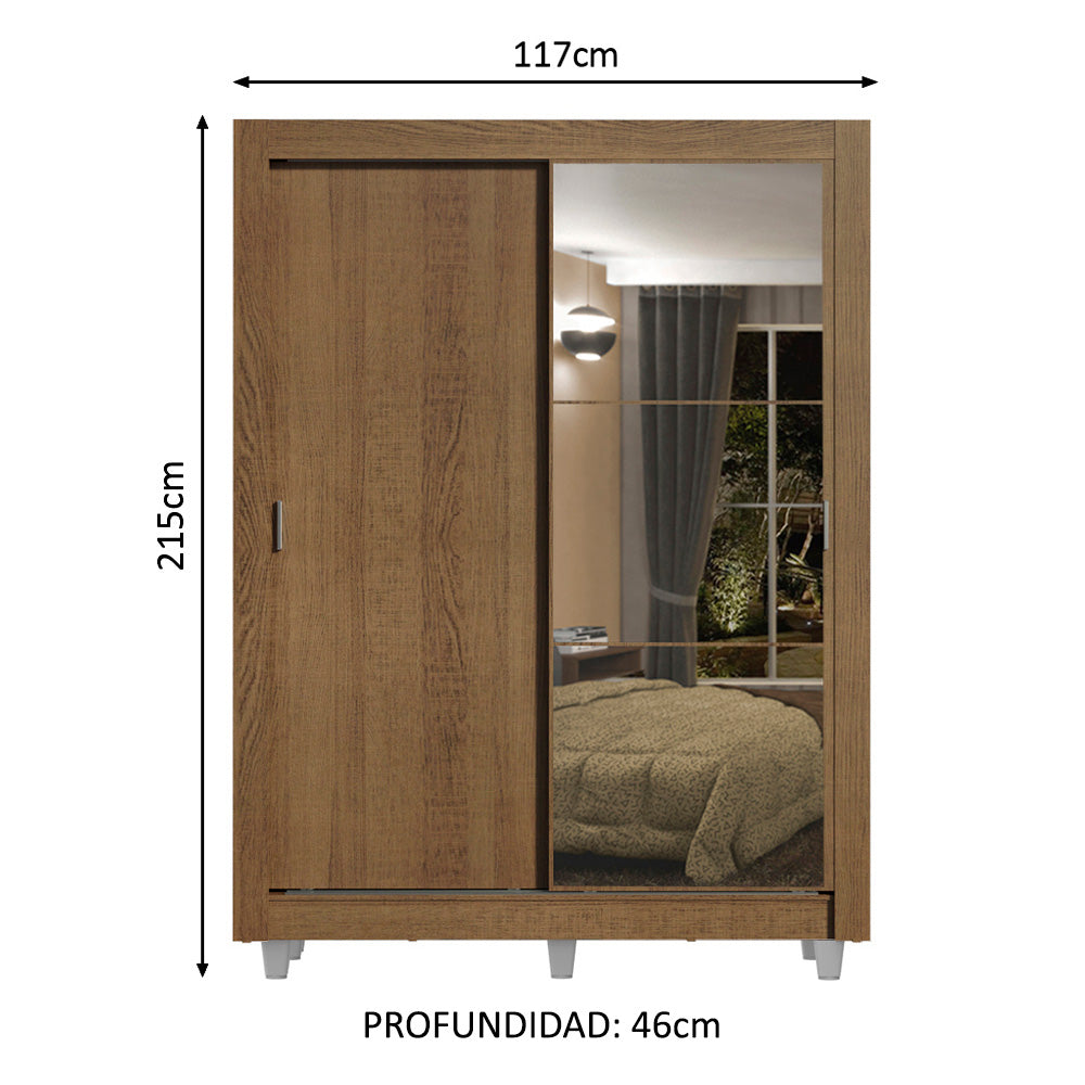 Placard Soltero 2 Puertas Corredizas con Espejo 4 Cajones con Patas Marrón Dallas Plus