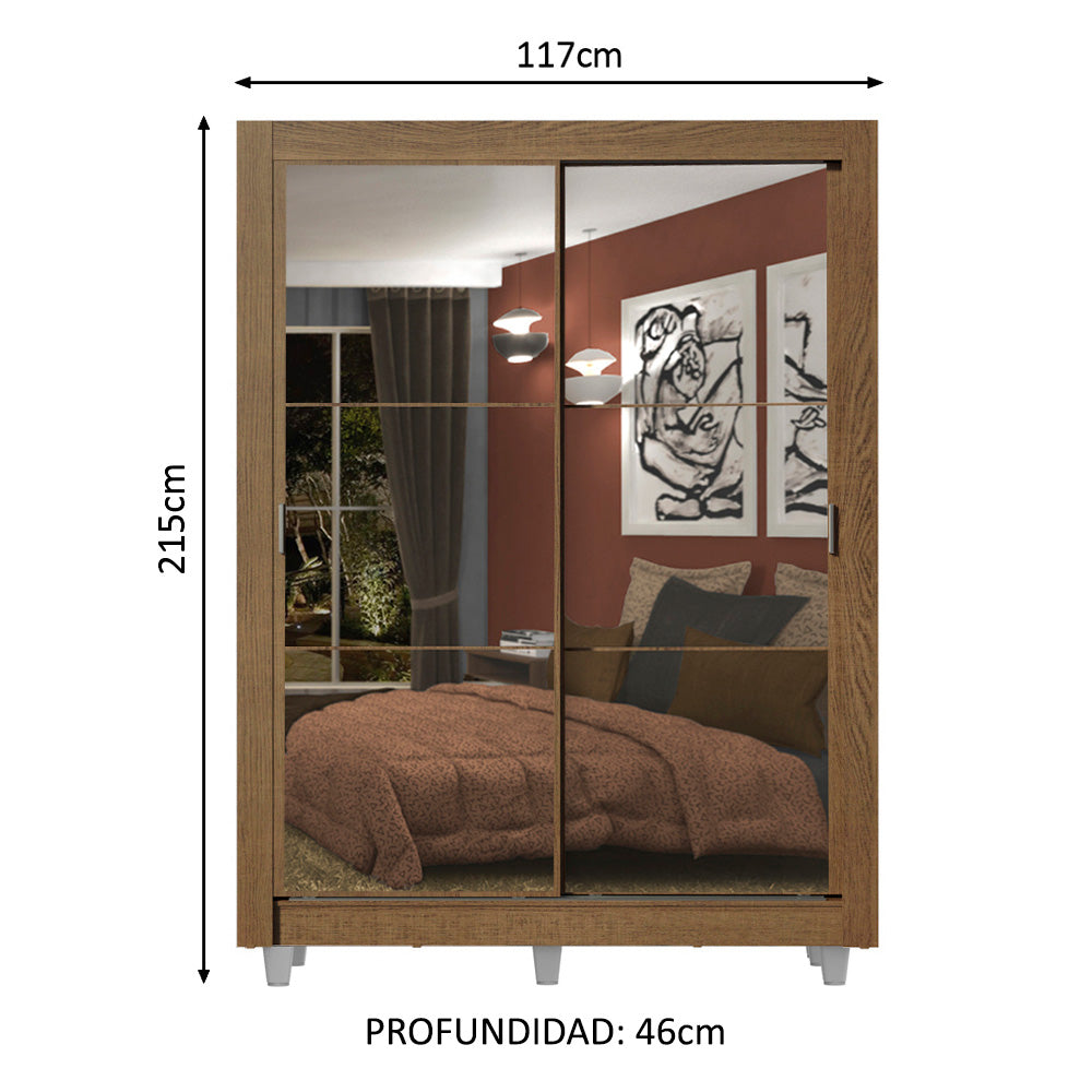 Placard Soltero 2 Puertas Corredizas con Espejos 2 Cajones con Patas Marrón Dallas