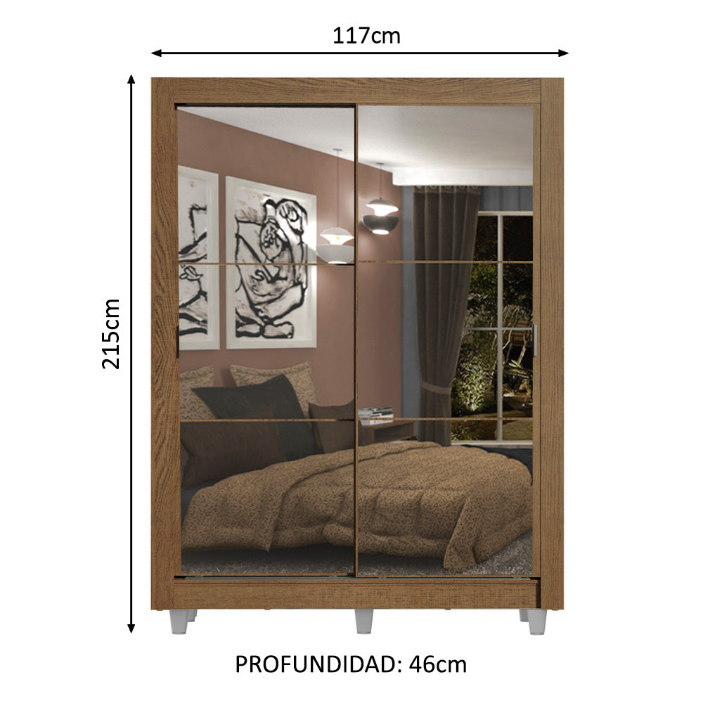 Placard Soltero 2 Puertas Corredizas con Espejos 4 Cajones con Patas Marrón Dallas Plus