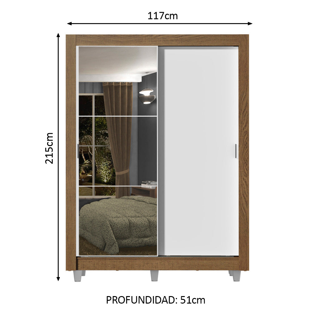 Placard Soltero 2 Puertas Corredizas con Espejo 2 Cajones con Patas Marrón/Blanco Dallas