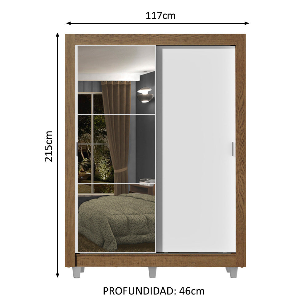 Placard Soltero 2 Puertas Corredizas con Espejo 2 Cajones con Patas Marrón/Blanco Dallas