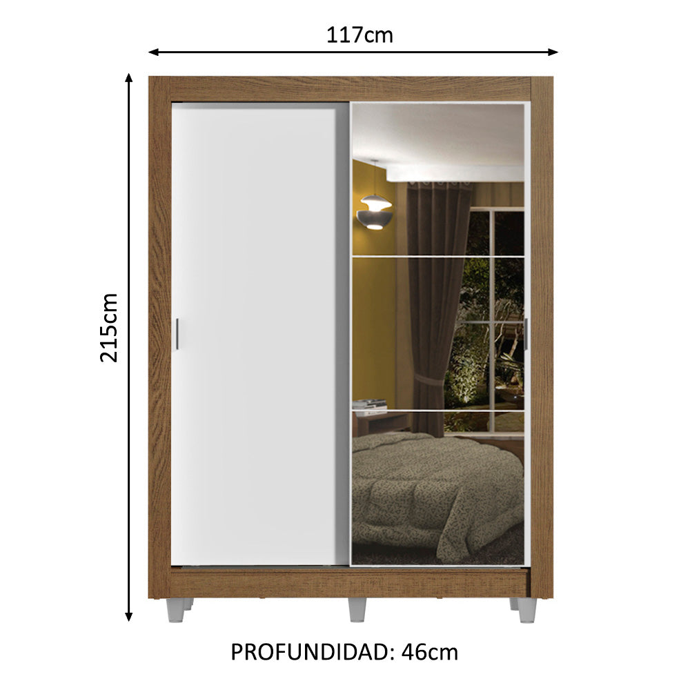 Placard Soltero 2 Puertas Corredizas con Espejo 4 Cajones con Patas Marrón/Blanco Dallas Plus