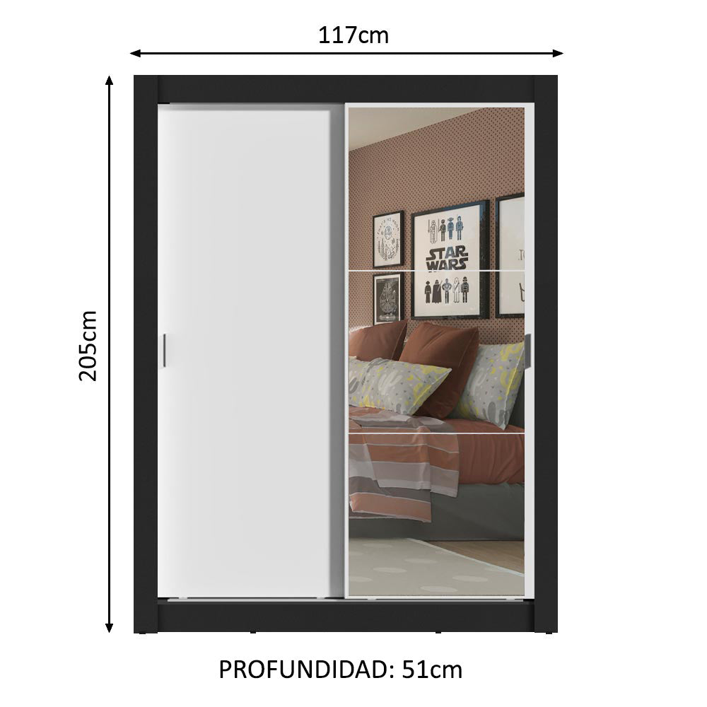 Placard Soltero Denver 2 Puertas Corredizas con Espejo Negro