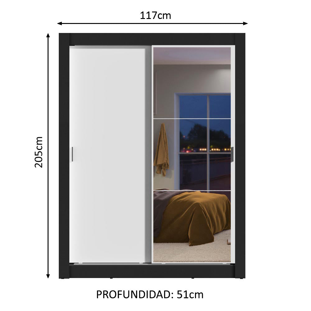 Placard Soltero Dallas 2 Puertas Corredizas con Espejo 2 Cajones Negro/Blanco