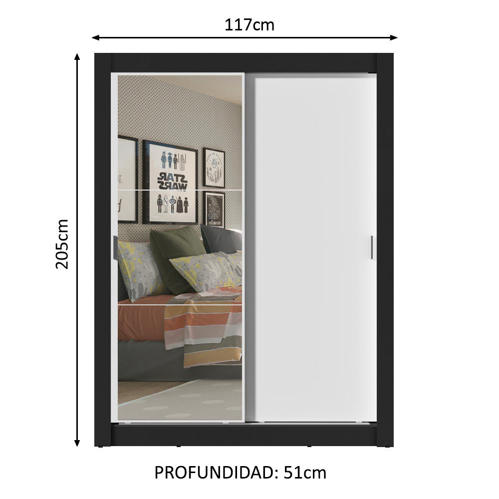 Placard Soltero Dallas Plus 2 Puertas Corredizas con Espejo 4 Cajones Negro/Blanco