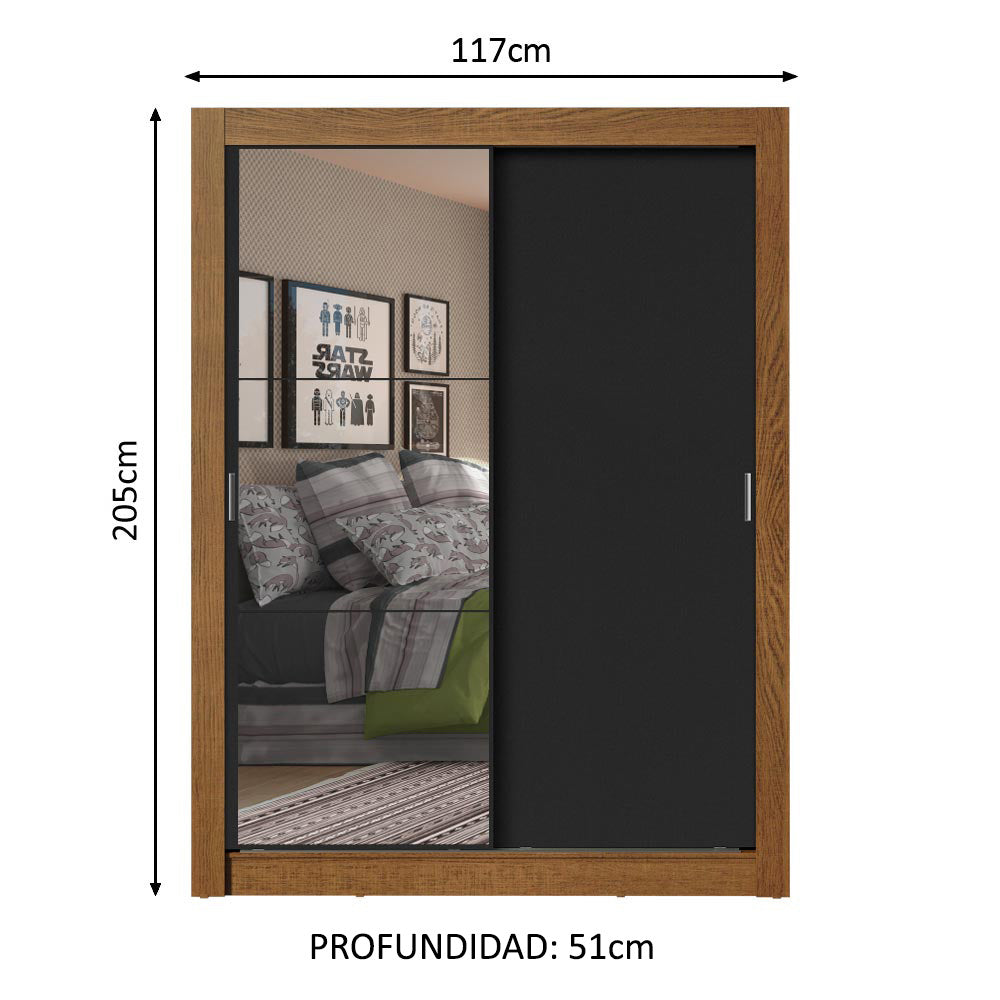 Placard Soltero 2 Puertas Corredizas con Espejo 4 Cajones Marrón/Negro Dallas Plus