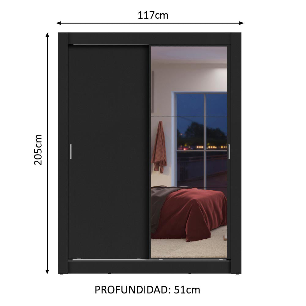 Placard Soltero Dallas 2 Puertas Corredizas con Espejo 2 Cajones Negro