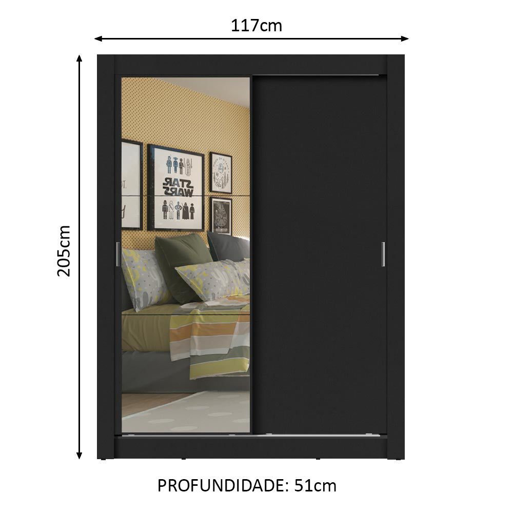 Placard Soltero Dallas Plus 2 Puertas Corredizas con Espejo 4 Cajones Negro