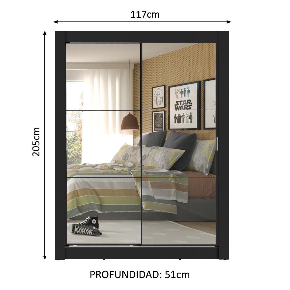 Placard Soltero Denver 2 Puertas Corredizas 2 con Espejo Negro