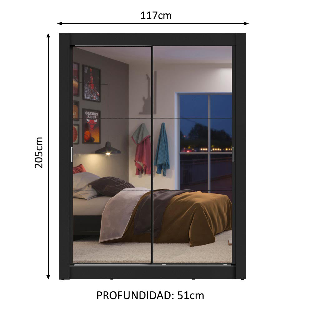 Placard Soltero Dallas 2 Puertas Corredizas de Espejo 2 Cajones Negro