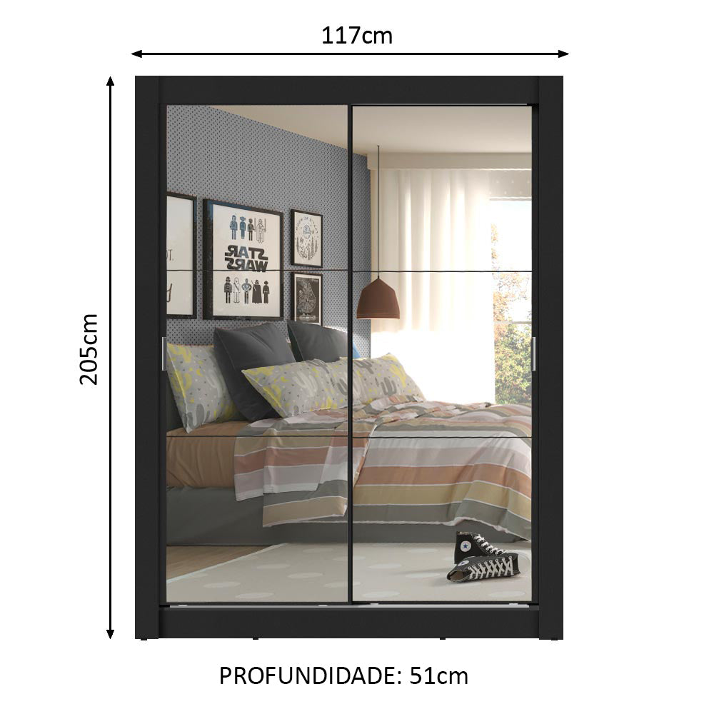 Placard Soltero Dallas Plus 2 Puertas Corredizas de Espejo 4 Cajones Negro
