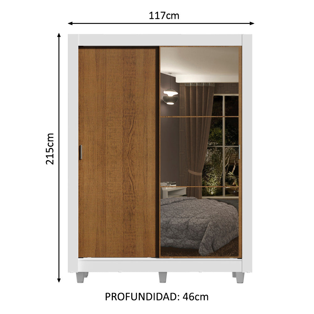 Placard Soltero 2 Puertas Corredizas Espejo 4 Cajones con Patas Blanco/Marrón Dallas Plus