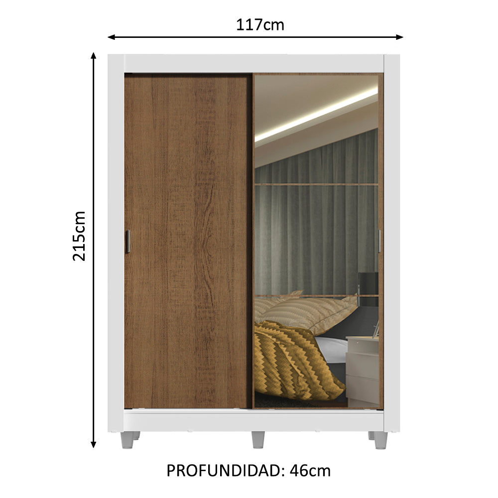 Placard Soltero Denver 2 Puertas Corredizas Espejo con Patas Blanco/Marrón