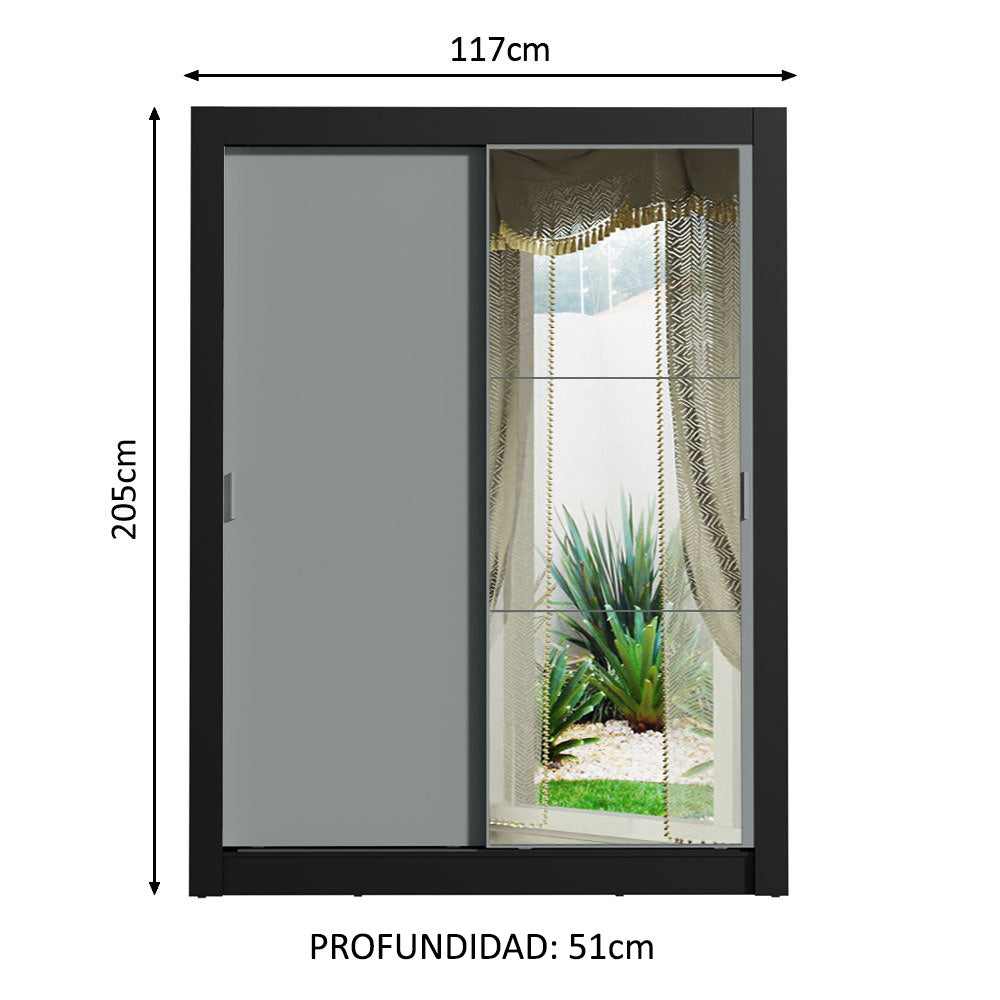 Placard Ropero Solteiro Madesa Denver 2 Puertas Corredizas con Espejo Negro/Gris