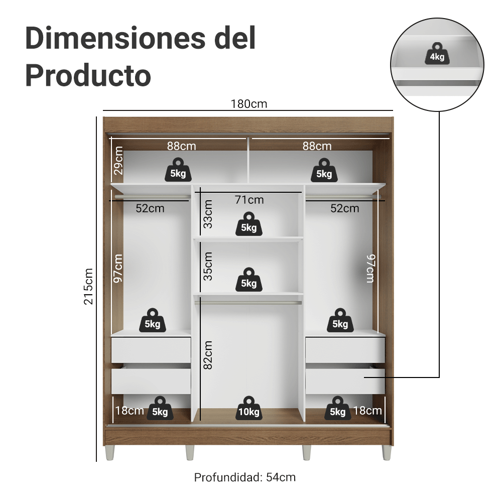 Placard Matrimonial con Patas 180 cm 3 Puertas con Espejo Reno Marrón