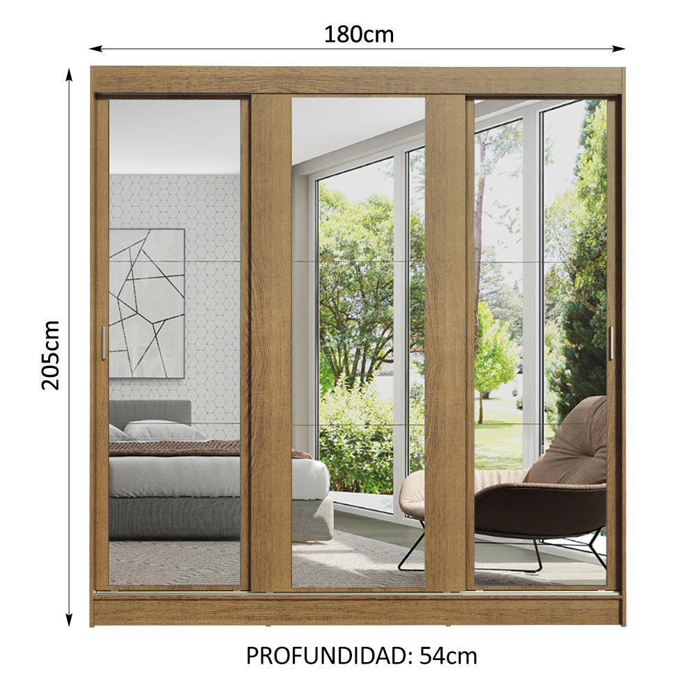 Placard Matrimonial Reno 3 Puertas Corredizas con Espejos - Marrón
