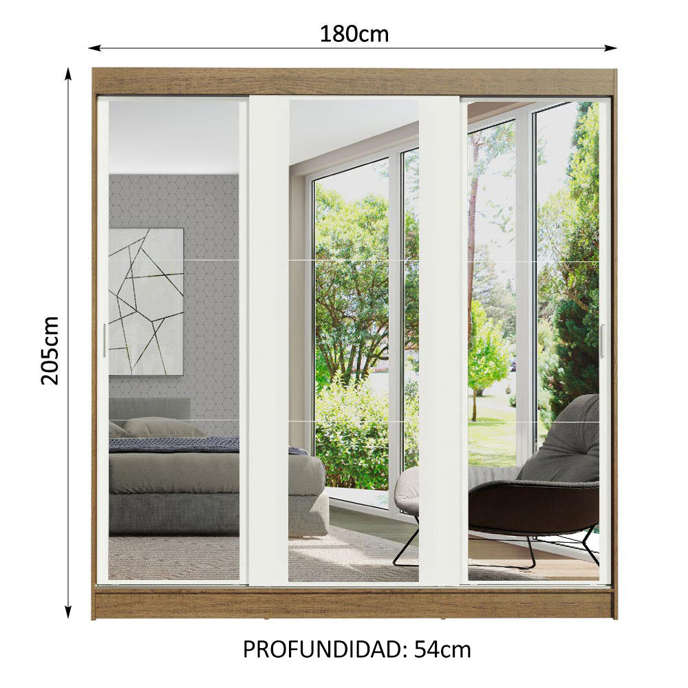 Placard Matrimonial Reno 3 Puertas Corredizas con Espejo - Marrón/Blanco