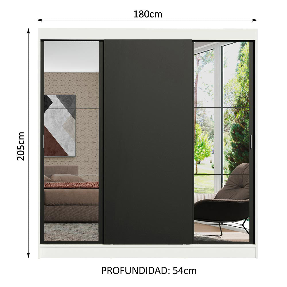 Placard Matrimonial Reno 3 Puertas Corredizas con Espejos Blanco/Negro