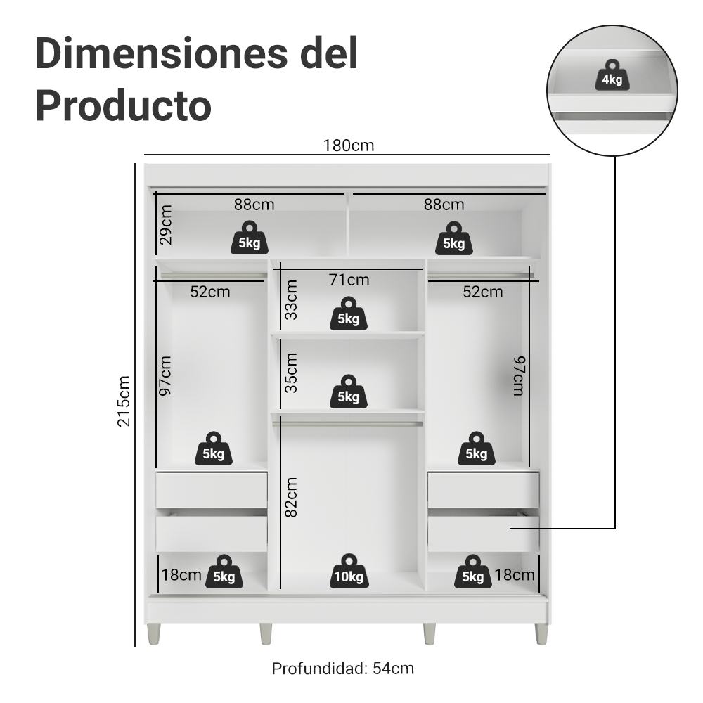 Placard Matrimonial con Patas 180 cm 3 Puertas con 3 Espejos Reno Blanco/Negro
