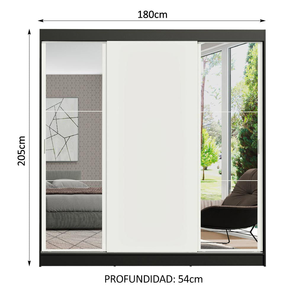 Placard Matrimonial Reno 3 Puertas Corredizas con Espejos Negro/Blanco