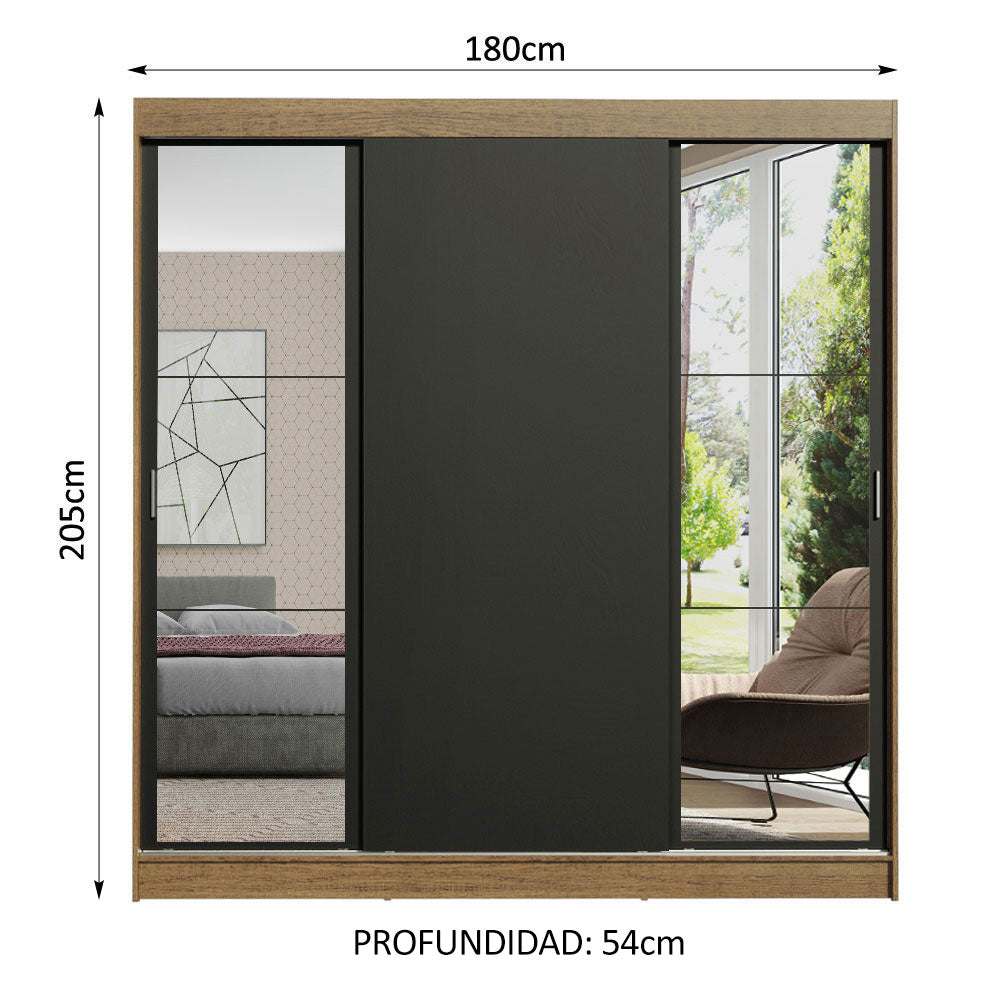 Placard Matrimonial Reno 3 Puertas Corredizas con Espejos Marrón/Negro