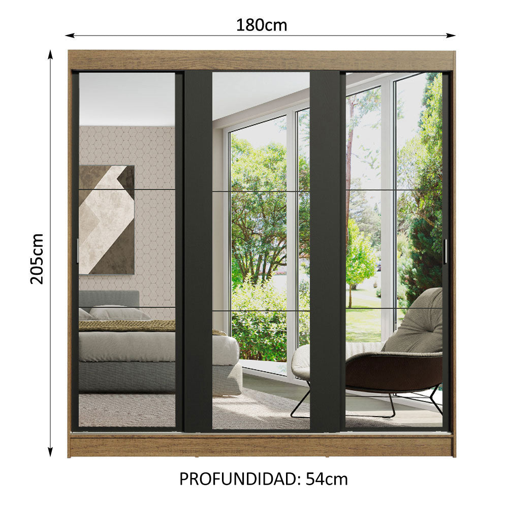 Placard Matrimonial Reno 3 Puertas Corredizas de Espejo Marrón/Negro