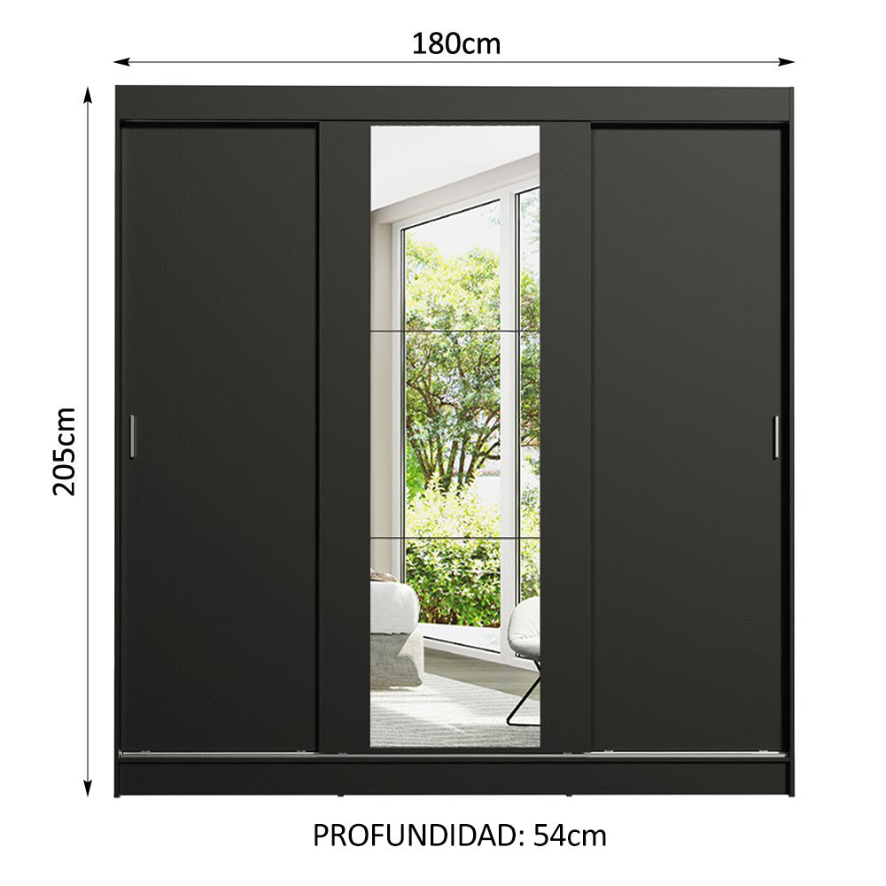 Placard Matrimonial Reno 3 Puertas Corredizas con Espejo Negro