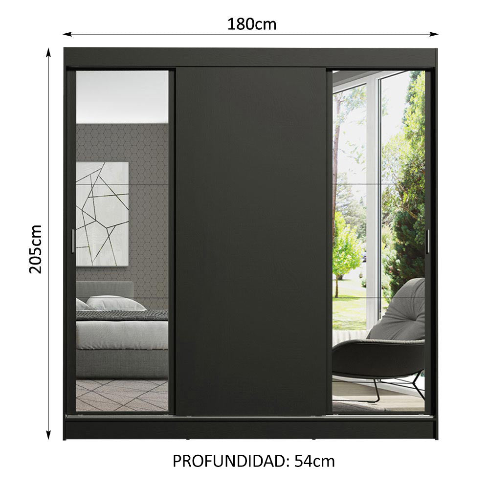 Placard Matrimonial Reno 3 Puertas Corredizas con Espejos Negro