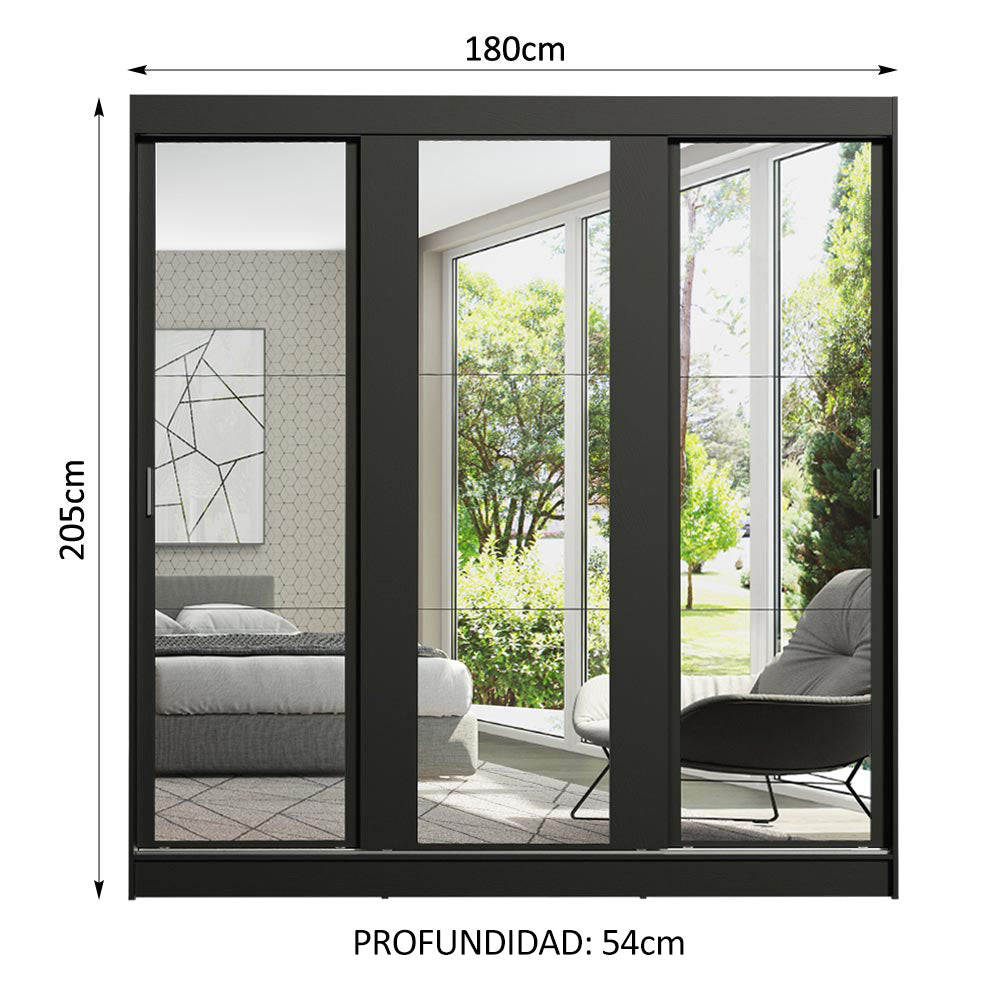 Placard Matrimonial Reno 3 Puertas Corredizas con Espejo Negro