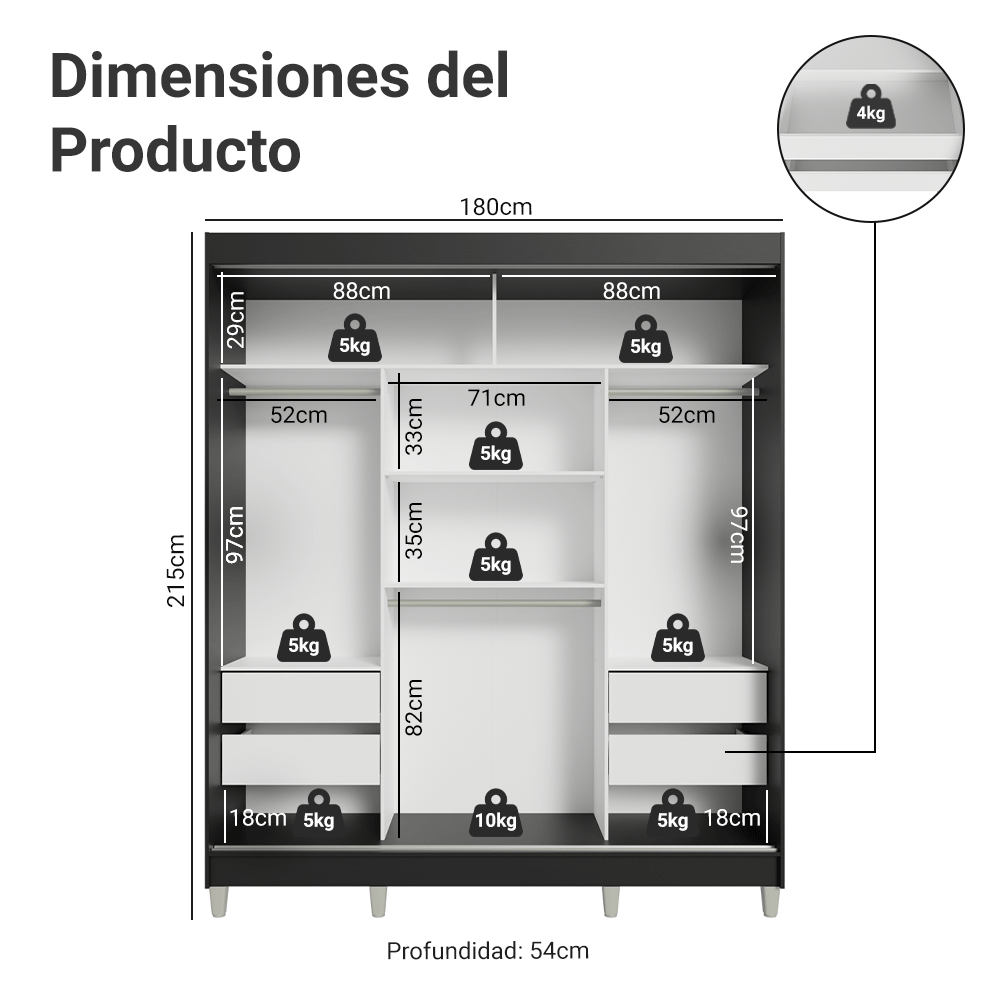 Placard Matrimonial con Patas 180 cm 3 Puertas con Espejo Reno Negro/Marrón