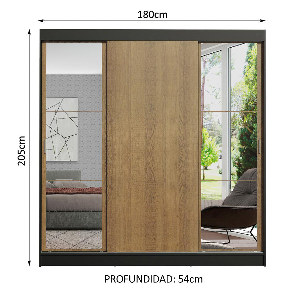 Placard Matrimonial Reno 3 Puertas Corredizas con Espejos Negro/Marrón