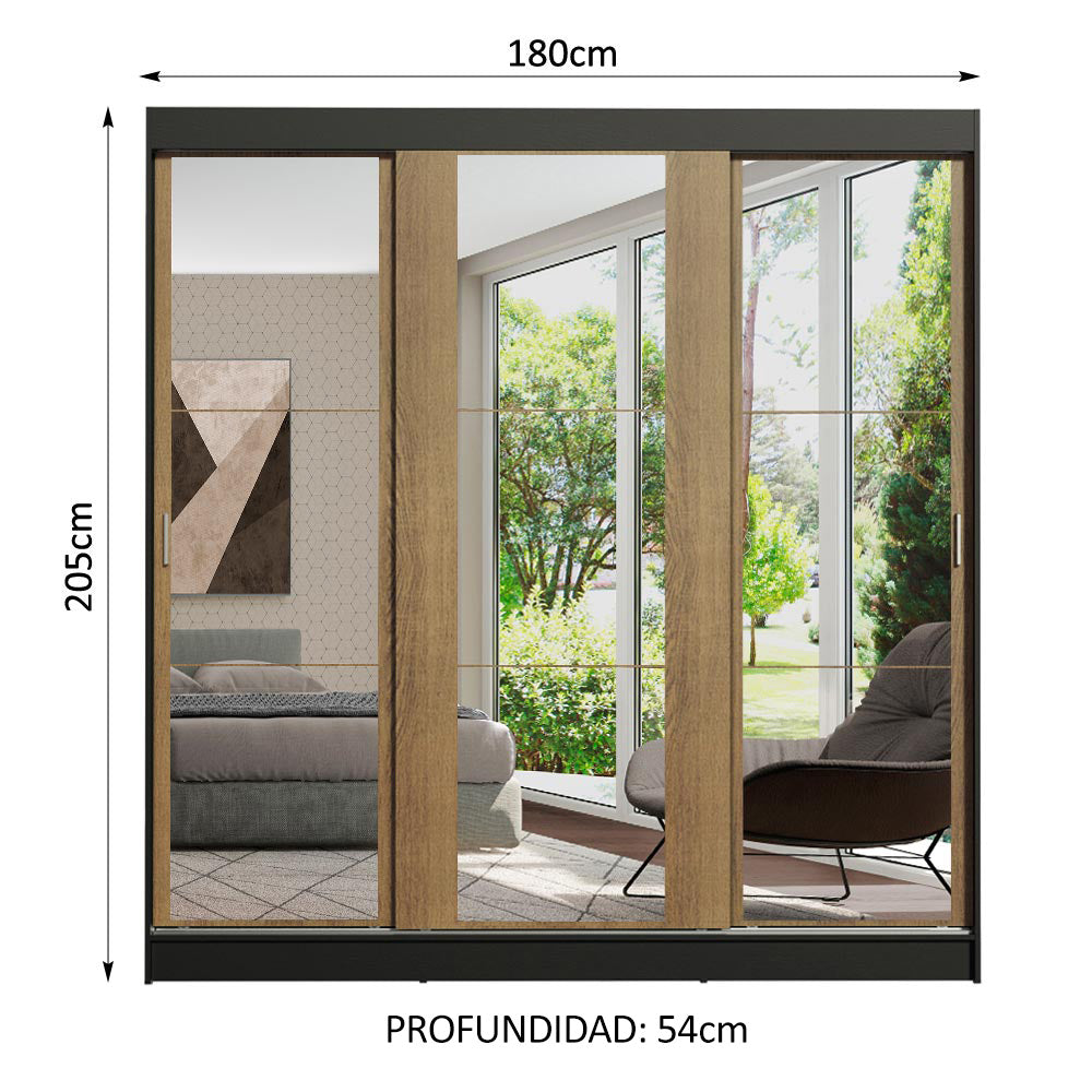 Placard Matrimonial Reno 3 Puertas Corredizas con Espejo Negro/Marrón