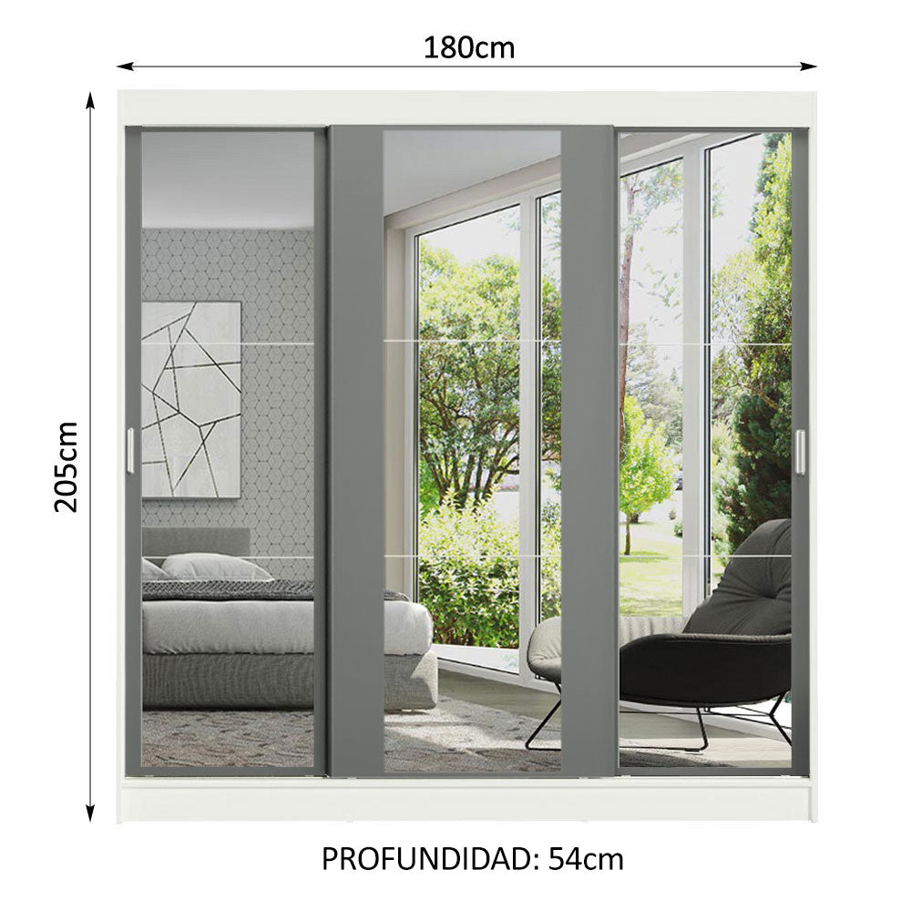 Placard Ropero Casal Madesa Reno 3 Puertas Corredizas de Espejo Blanco/Gris