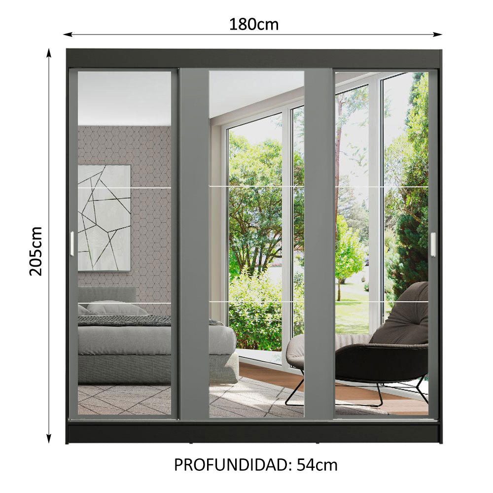 Placard Ropero Casal Madesa Reno 3 Puertas Corredizas de Espejo Negro/Gris