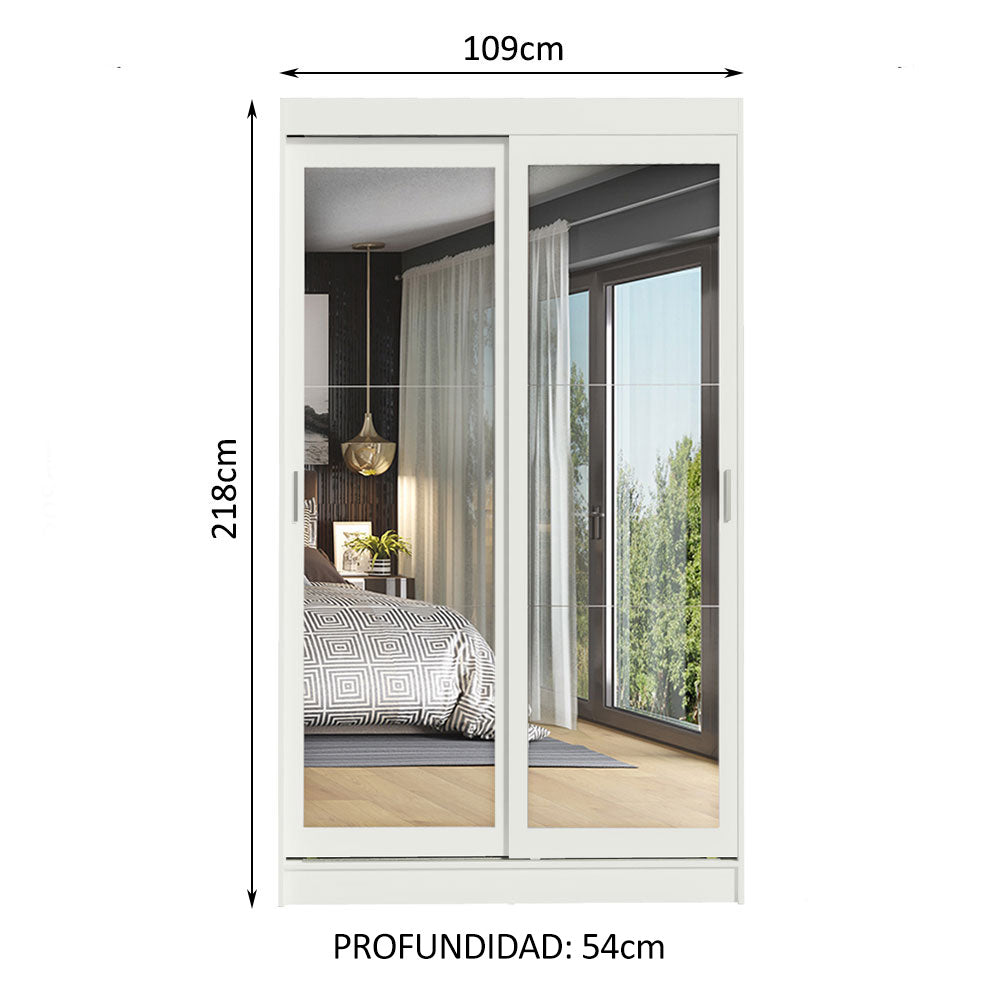 Placard Ropero Solteiro Madesa Tokio 2 Puertas Corredizas de Espejo 2 Cajones Blanco