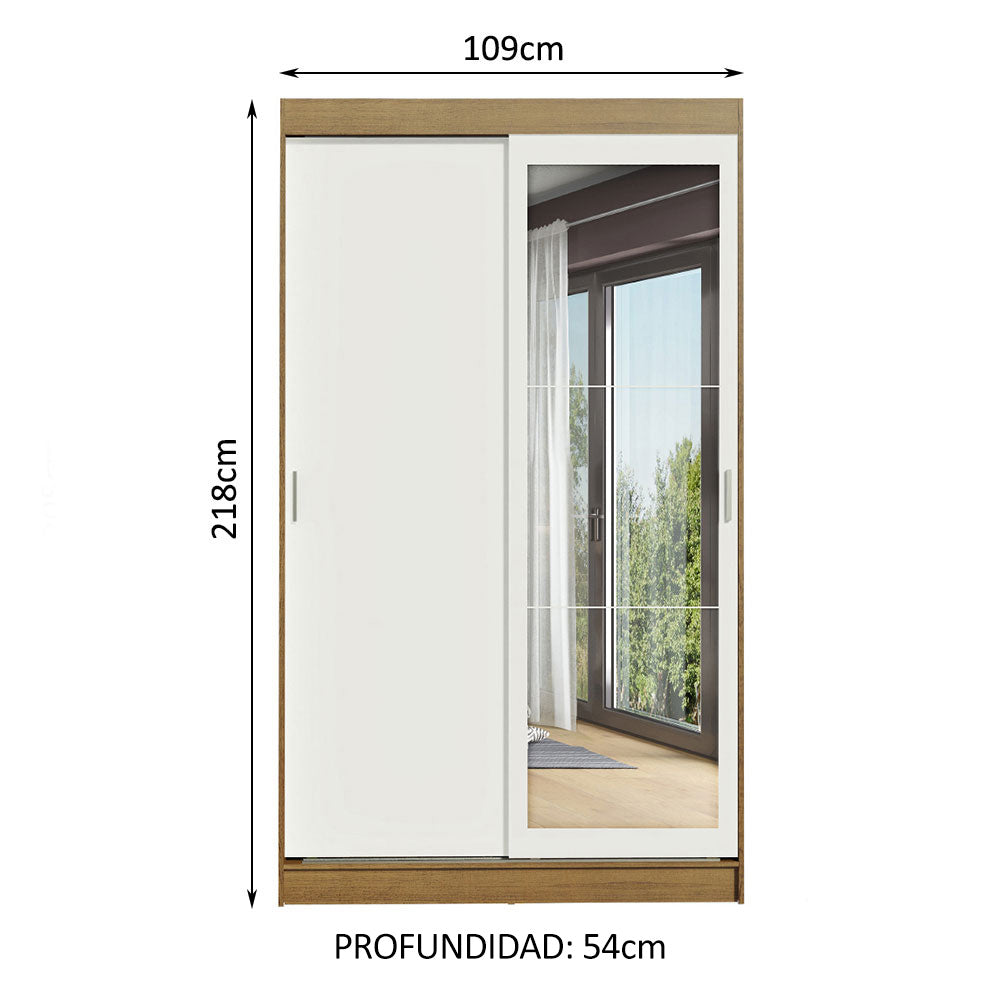 Placard Ropero Solteiro Madesa Tokio 2 Puertas Corredizas con Espejo 2 Cajones Marrón/Blanco