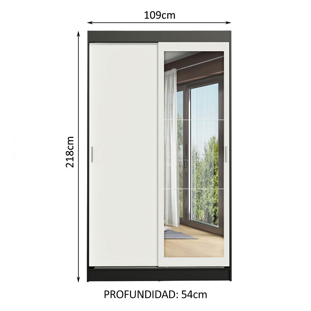 Placard Ropero Solteiro Madesa Tokio 2 Puertas Corredizas con Espejo 2 Cajones Negro/Blanco