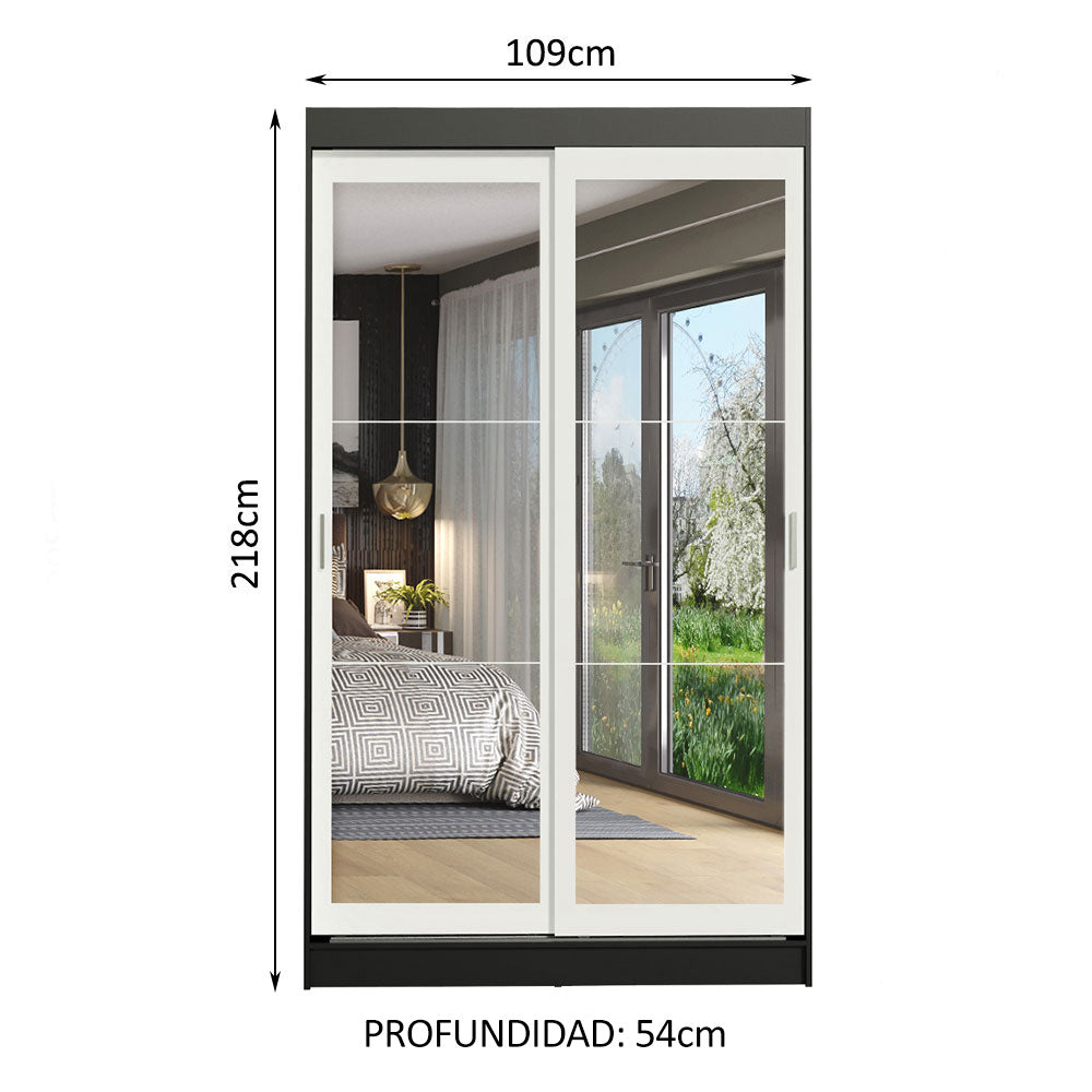 Placard Ropero Solteiro Madesa Tokio 2 Puertas Corredizas de Espejo 2 Cajones Negro/Blanco