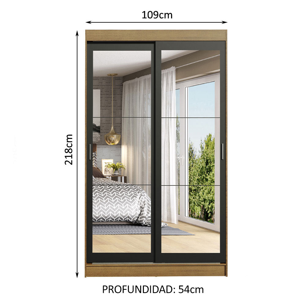 Placard Ropero Solteiro Madesa Tokio 2 Puertas Corredizas de Espejo 2 Cajones Marrón/Negro