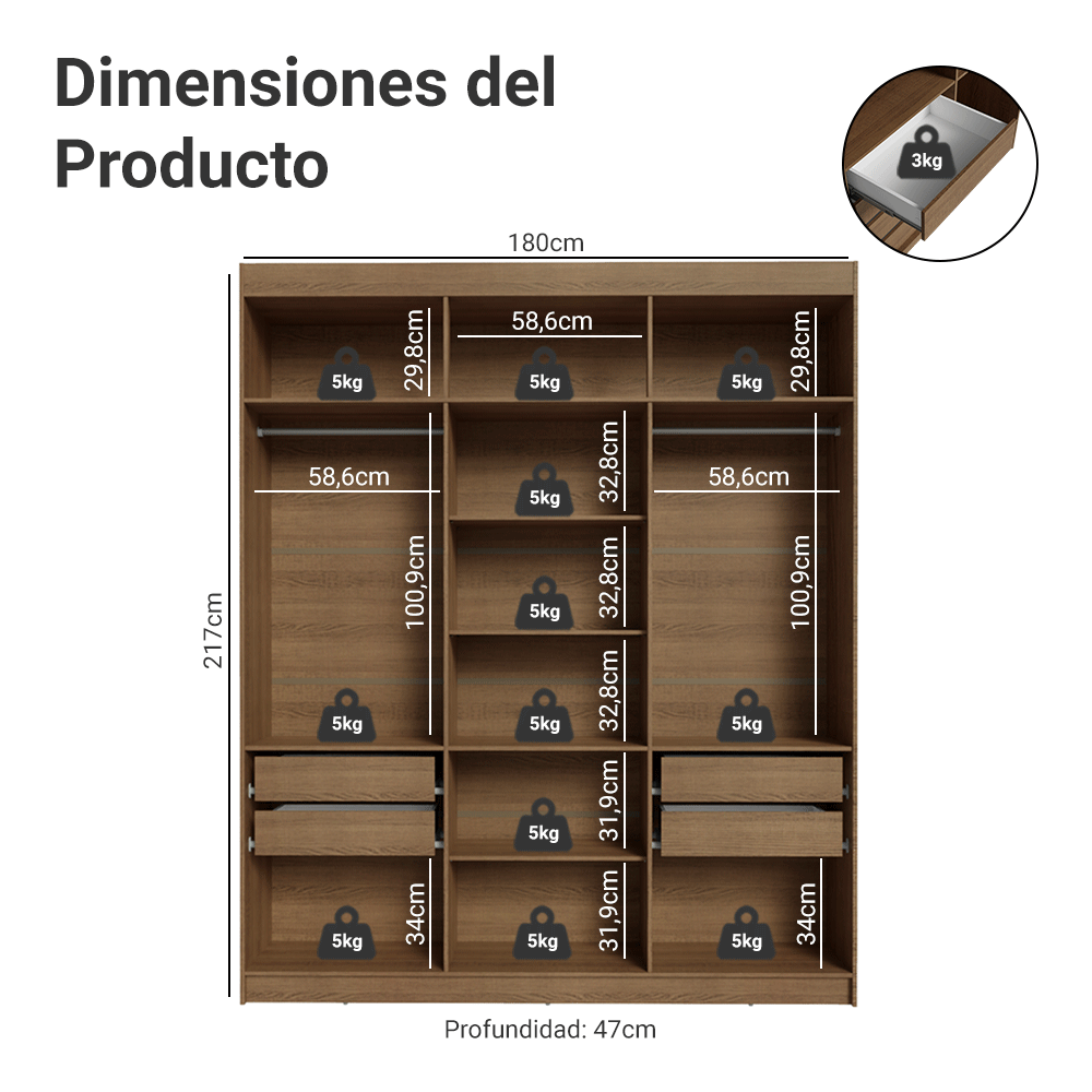 Clóset Matrimonial Venus 6 Puertas Batientes Marrón/Negro