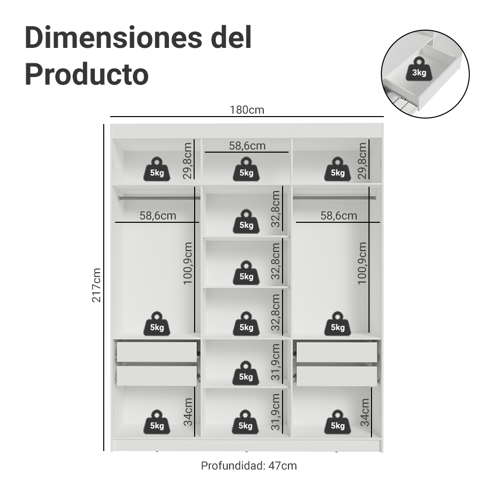 Placard Matrimonial 6 Puertas Batientes con Espejo Venus Blanco/Blanco/Marrón