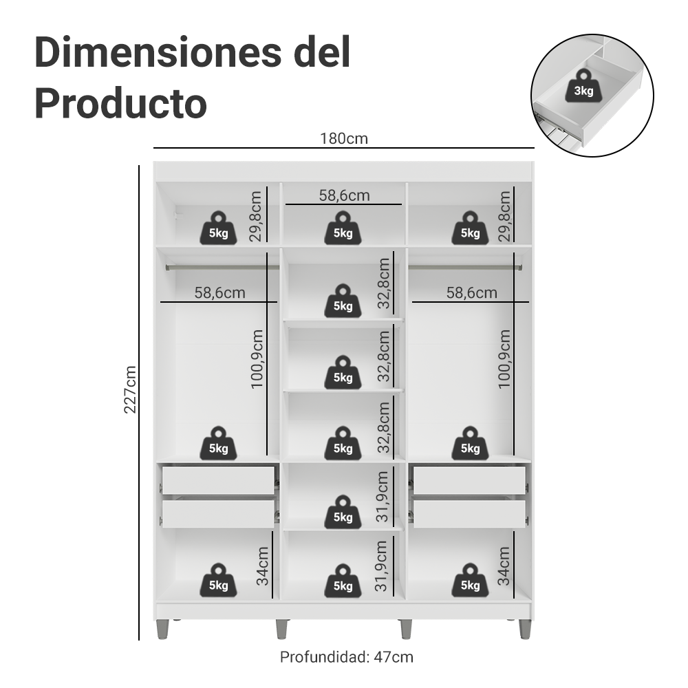 Placard Matrimonial con Patas 6 Puertas Batientes Venus Blanco/Blanco/Negro