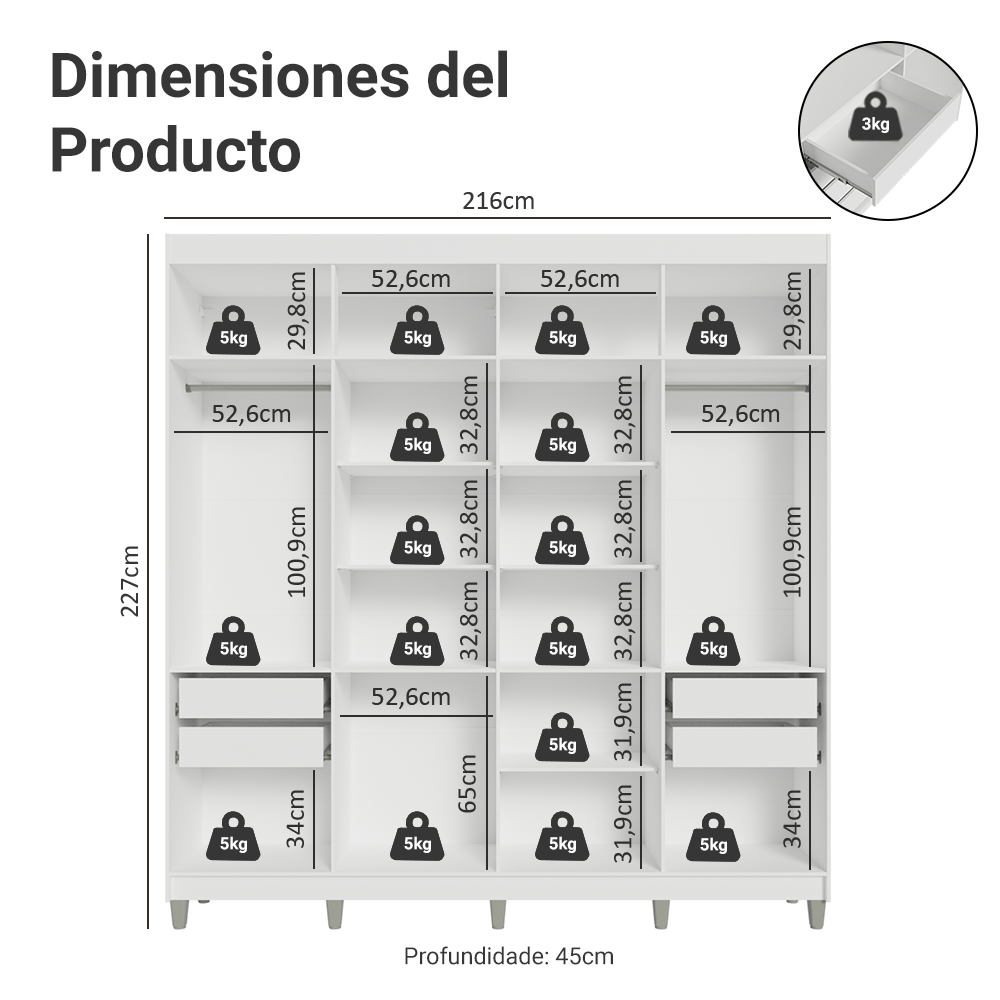 Placard Closet con Patas 4 Cajones 216cm Blanco Venus Madesa