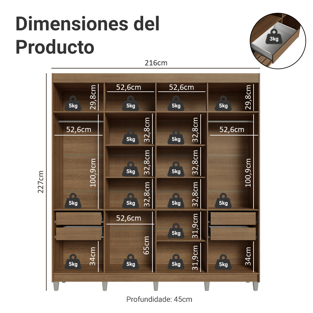 Placard Closet con Patas 4 Cajones 216cm Marrón Venus Madesa