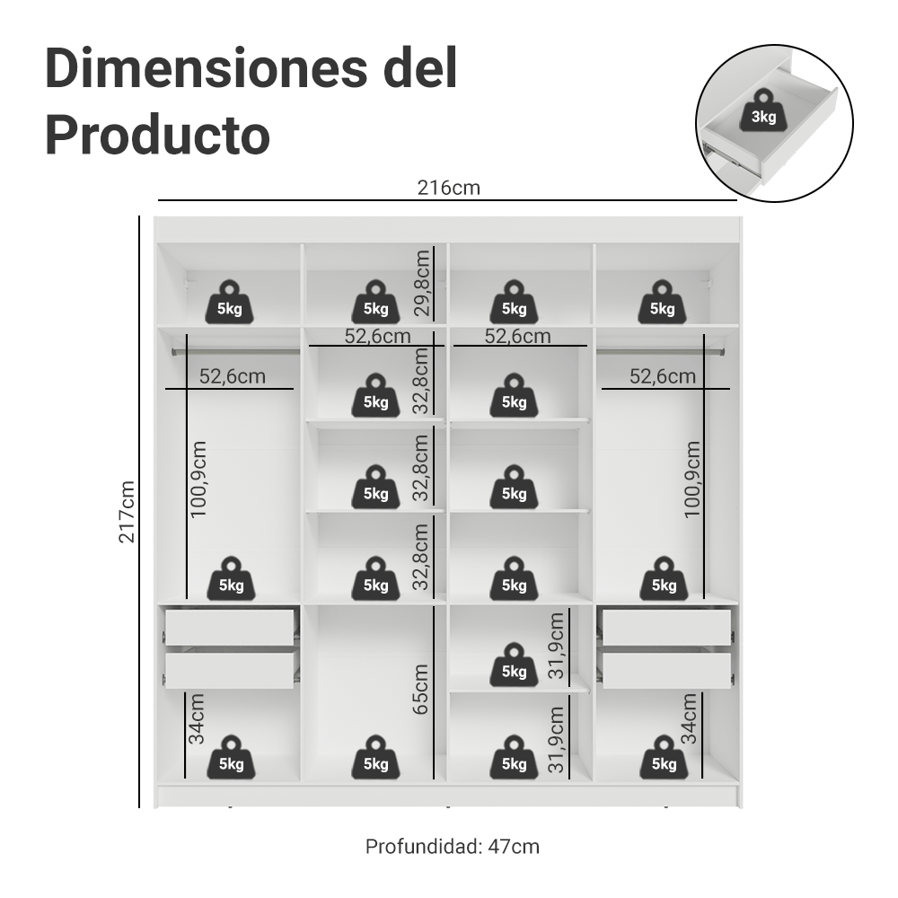 Placard Matrimonial 8 Puertas Batientes con Espejo Venus Blanco/Blanco/Marrón
