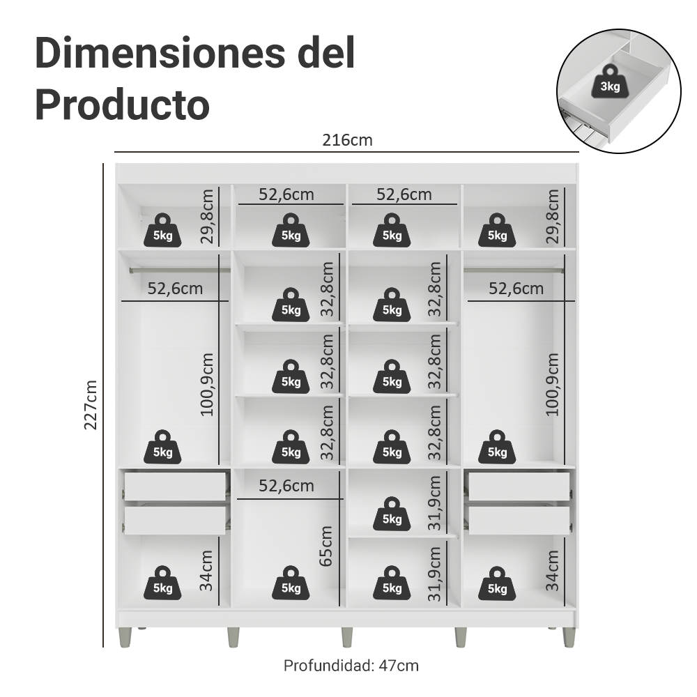 Placard Matrimonial con Patas 8 Puertas Batientes Venus Blanco/Blanco/Marrón