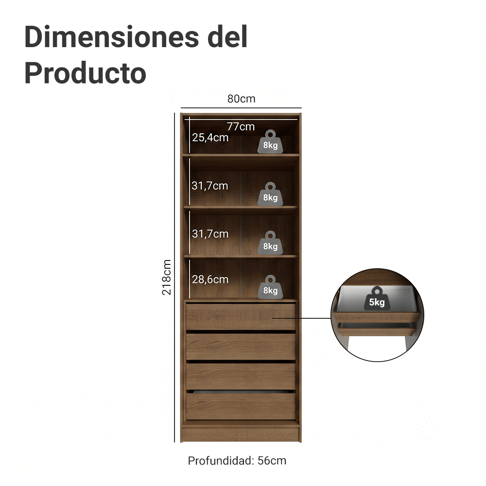 Placard Neo 80 cm 2 Puertas Batientes con 2 Espejos 4 Cajones Modular 4 Repisas Marrón/Crema Madesa