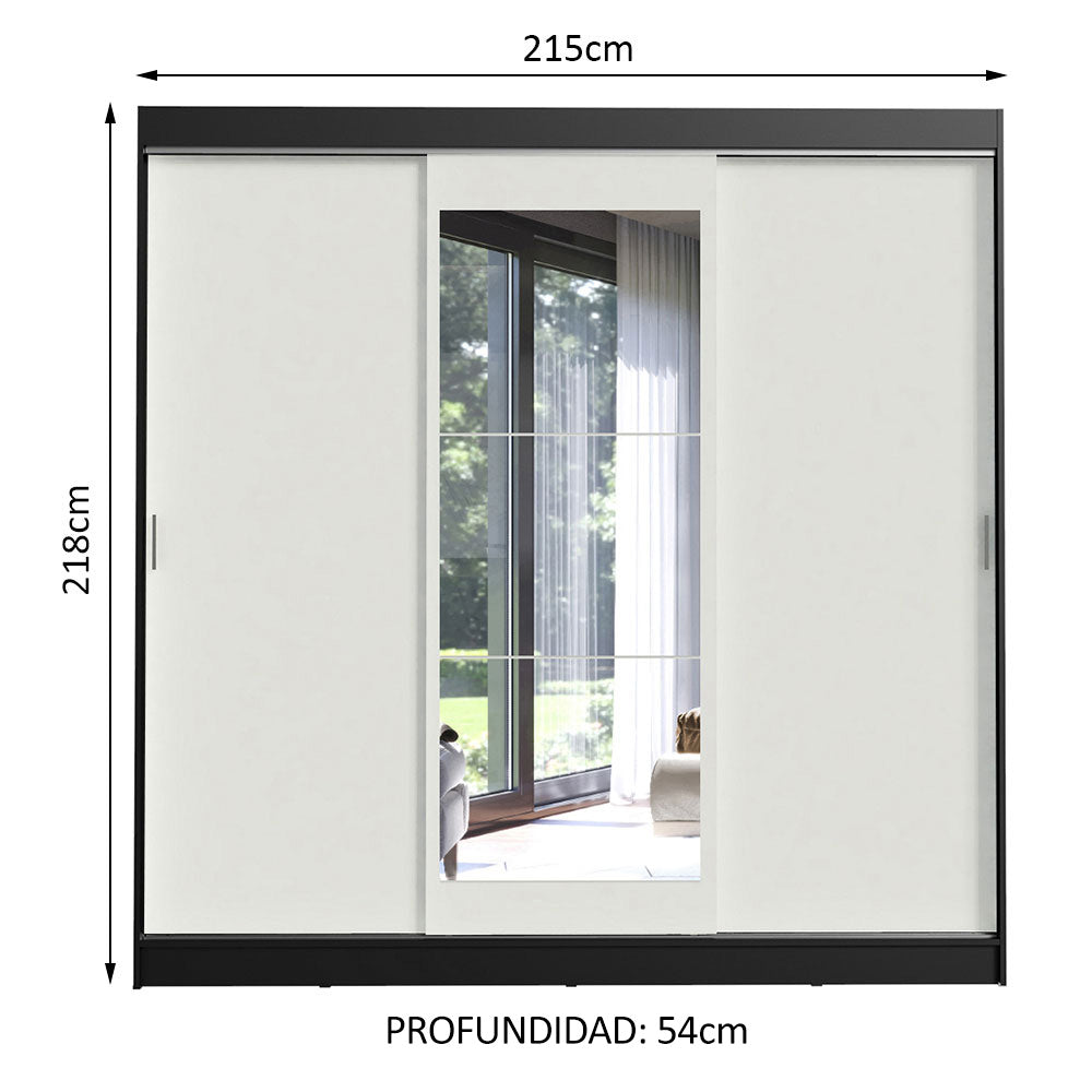 Placard Ropero Casal Madesa Istambul 3 Puertas Corredizas con Espejo 3 Cajones Negro/Blanco