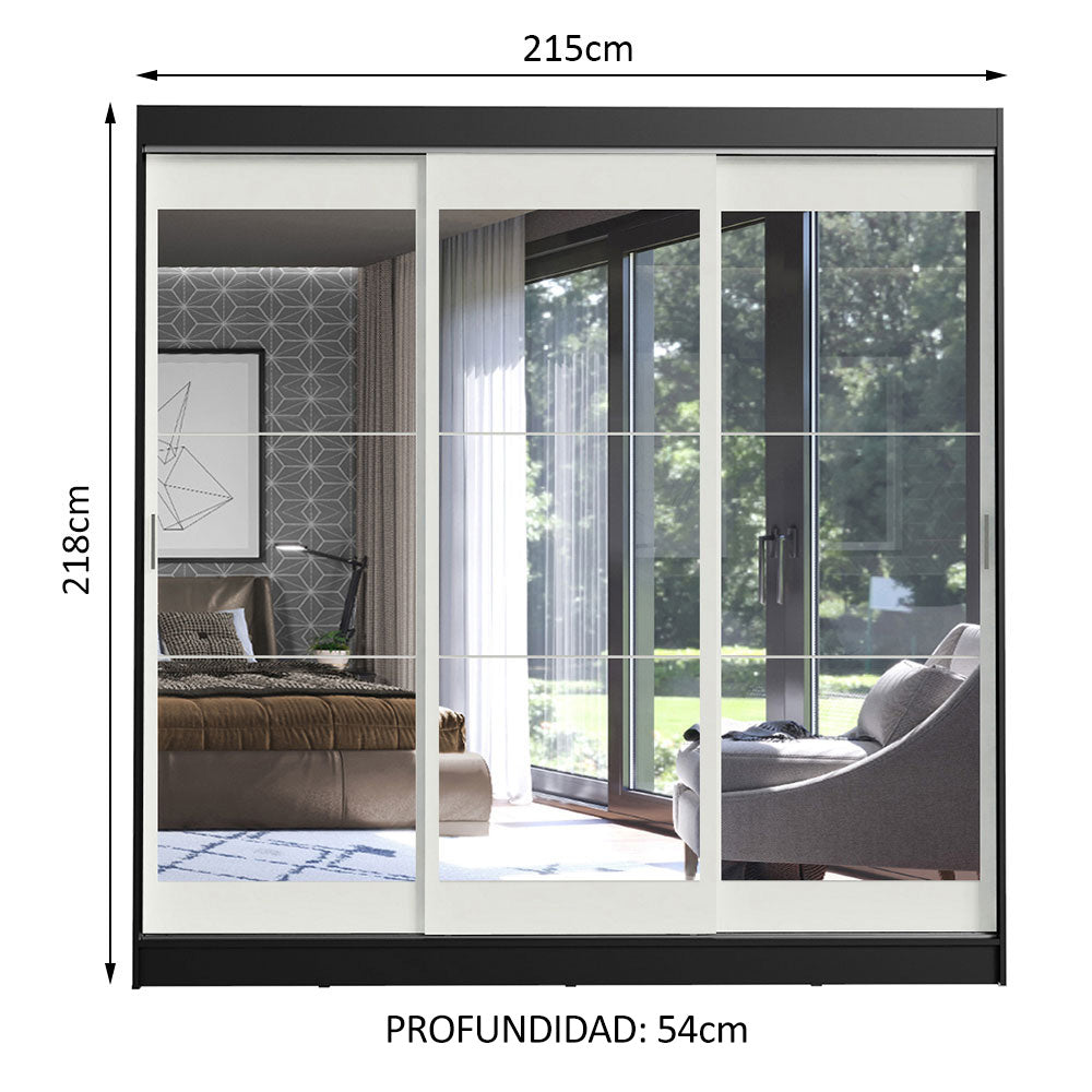Placard Ropero Casal Madesa Istambul 3 Puertas Corredizas de Espejo 3 Cajones Negro/Blanco