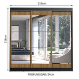 Placard Ropero Casal Madesa Istambul 3 Puertas Corredizas de Espejo 3 Cajones Negro/Marrón